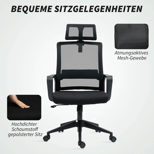 Bureaustoel Ergonomische Bureaustoel Met Armleuning, Verstelbare Hoofdsteun, In Hoogte Verstelbare Mesh Draaistoel Met Kantelfunctie, Zwart 8