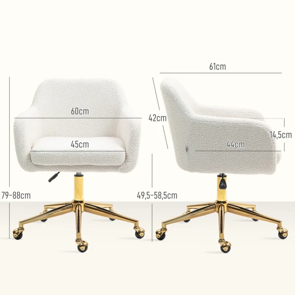 Bureaustoel, Hoogteverstelbare Schrijftafelstoel, Relaxstoel Met Stalen Frame, Draaistoel Met Fluweelachtige Uitstraling, Voor Kantoor, Studeerkamer, Crèmewit 4