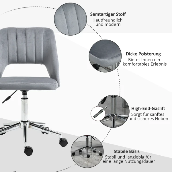 Bureaustoel, In Hoogte Verstelbare Thuiskantoor Stoel Zonder Armleuningen, Draaibare Bureaustoel Met Fluwelen Look, Ergonomische Make Up Stoel Voor Slaapkamer, Studeerkamer, Donkergrijs 8