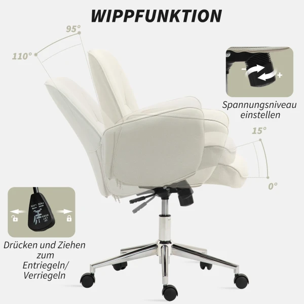 Bureaustoel Met Kantelfunctie, In Hoogte Verstelbare Draaistoel, Ergonomische Werkstoel, Modern, Belastbaar Tot 120 Kg, Microvezel, Crèmewit, 67 X 69 X 92 102 Cm 6