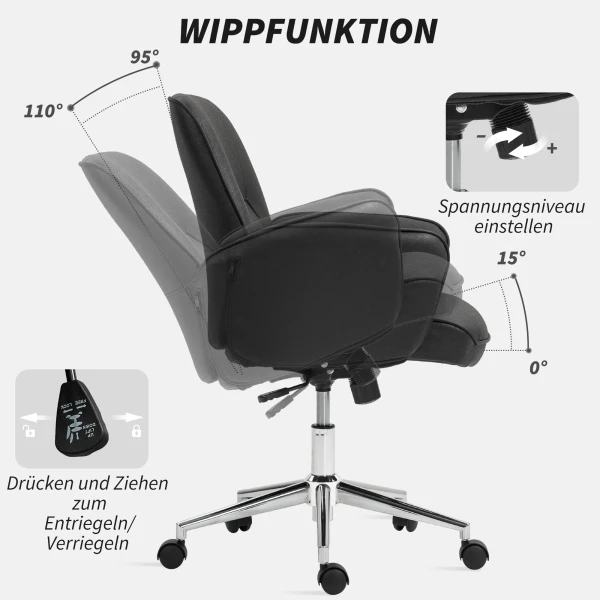 Bureaustoel Met Kantelfunctie, In Hoogte Verstelbare Draaistoel, Ergonomische Werkstoel, Modern, Belastbaar Tot 120 Kg, Microvezel, Zwart, 67 X 69 X 92 102 Cm 6