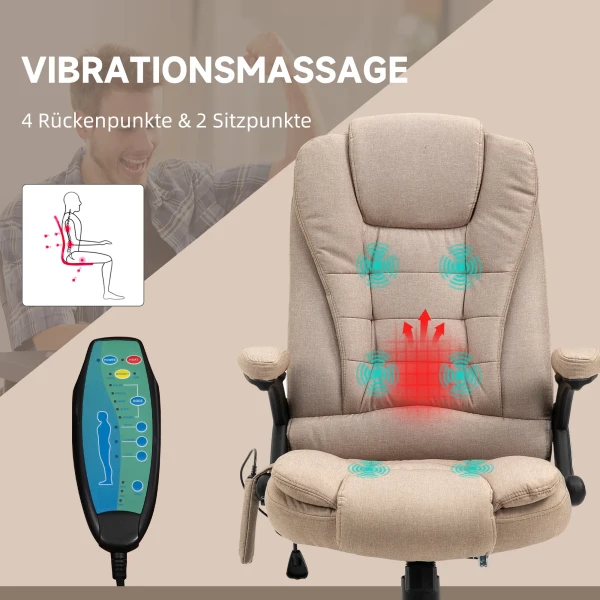 Bureaustoel Met Vibratiemassage, Ergonomische Bureaustoel Met Verwarming , Ligfunctie, In Hoogte Verstelbare Directiestoel Met Afstandsbediening, Zijvak, Linnen Look, Bruin 5