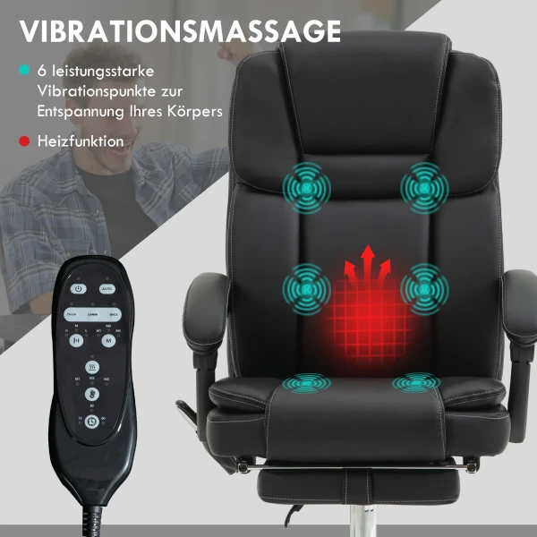 Bureaustoel Met Vibratiemassage, Ergonomische Bureaustoel Met Verwarming , Ligfunctie, In Hoogte Verstelbare Directiestoel Met Voetsteun, Zijvak, Kunstleer, Zwart 5