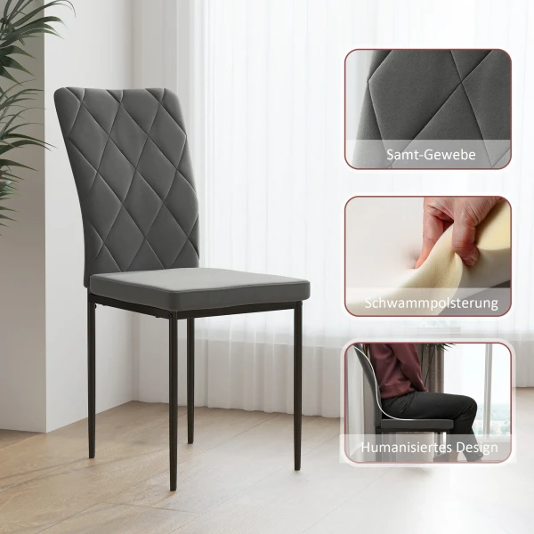 Eetkamerstoelen 4 Delige Set Keukenstoel Met Rugleuning, Fluweel Look, Fauteuil Gestoffeerde Stoel Stoelen Met Metalen Poten Voor Eettafel, Donkergrijs 6