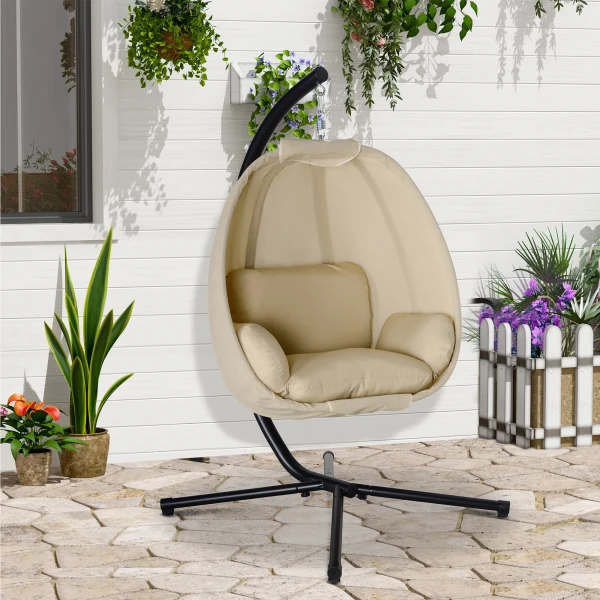 Eivormige Hangstoel Voor Buiten, Hangschommel Met Afneembare Wasbare Zitplaats, Frame, Hangmat Voor 1 Persoon, Schommelstoel Voor Binnen Buiten, Terras, Tuin, Khaki 2
