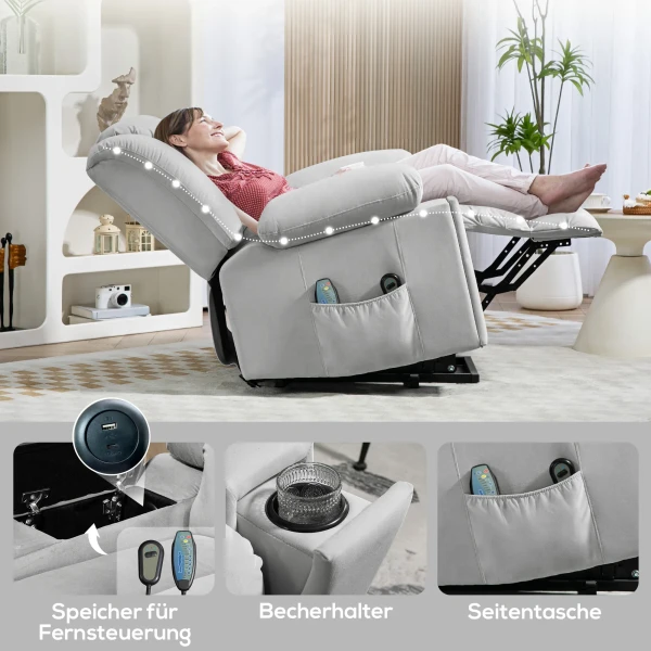 Elektrische Tv Fauteuil Met Opsta Hulp, Relaxfauteuil Met Massage / Verwarmings /ligfunctie, Tv Fauteuil Met Bekerhouder, Opslagruimte, Usb Aansluitingen En Afstandsbediening, Fluweel, Lichtgrijs 10