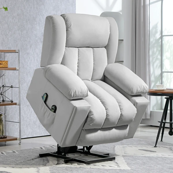 Elektrische Tv Fauteuil Met Opsta Hulp, Relaxfauteuil Met Massage / Verwarmings /ligfunctie, Tv Fauteuil Met Bekerhouder, Opslagruimte, Usb Aansluitingen En Afstandsbediening, Fluweel, Lichtgrijs 2