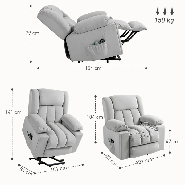 Elektrische Tv Fauteuil Met Opsta Hulp, Relaxfauteuil Met Massage / Verwarmings /ligfunctie, Tv Fauteuil Met Bekerhouder, Opslagruimte, Usb Aansluitingen En Afstandsbediening, Fluweel, Lichtgrijs 4