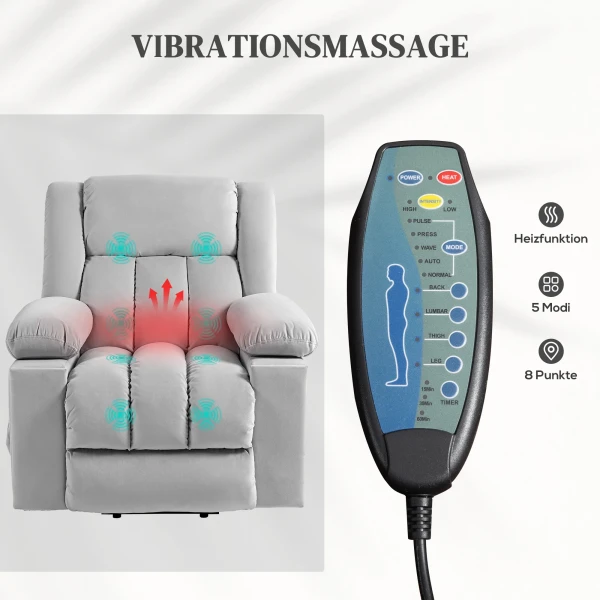Elektrische Tv Fauteuil Met Opsta Hulp, Relaxfauteuil Met Massage / Verwarmings /ligfunctie, Tv Fauteuil Met Bekerhouder, Opslagruimte, Usb Aansluitingen En Afstandsbediening, Fluweel, Lichtgrijs 6