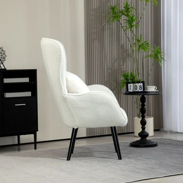 Fauteuil Loungestoel Met Lendenkussen, Gevoerde Teddy Fauteuil Met Houten Poten, Diamanttufting Rug, Relaxstoel Voor Woonkamer, Slaapkamer, Wit 10