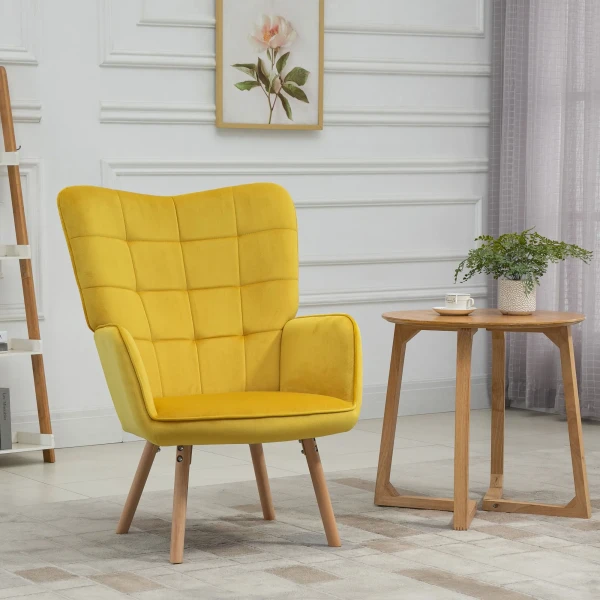 Fauteuil Met Armleuningen, Gestoffeerde Fauteuil Met Houten Frame En Fluwelen Look, Relaxfauteuil Voor Woonkamer, Slaapkamer, Geel 2