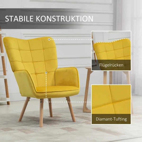 Fauteuil Met Armleuningen, Gestoffeerde Fauteuil Met Houten Frame En Fluwelen Look, Relaxfauteuil Voor Woonkamer, Slaapkamer, Geel 6