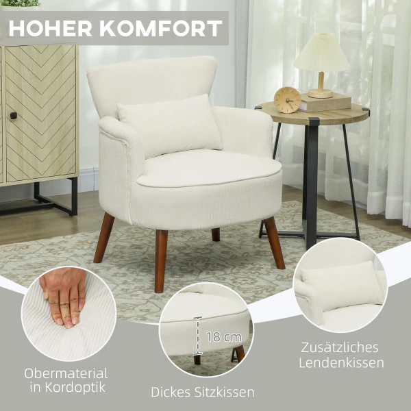 Fauteuil Met Rugleuning, Afgeronde Armleuningen, Gestoffeerde Loungestoel Met Koordlook, Houten Poten, Voor Slaapkamer, Woonkamer, Tot 120 Kg, Crèmewit 6