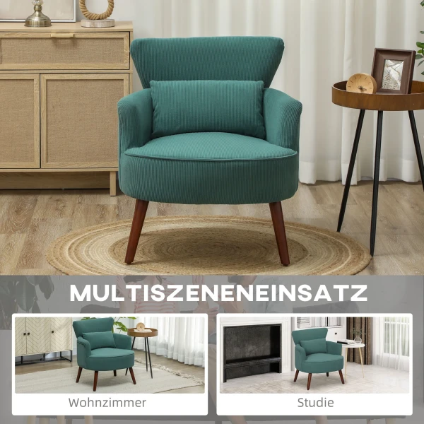 Fauteuil Met Rugleuning, Afgeronde Armleuningen, Gestoffeerde Loungestoel Met Koordlook, Houten Poten, Voor Slaapkamer, Woonkamer, Tot 120 Kg, Donkergroen 9