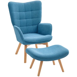 Fauteuil Met Voetenbank, Oorfauteuil Met Hoge Rugleuning, Houten Poten, Loungestoel Met Getuft Ontwerp, Corduroy Look, Voor Woonkamer, Blauw 1