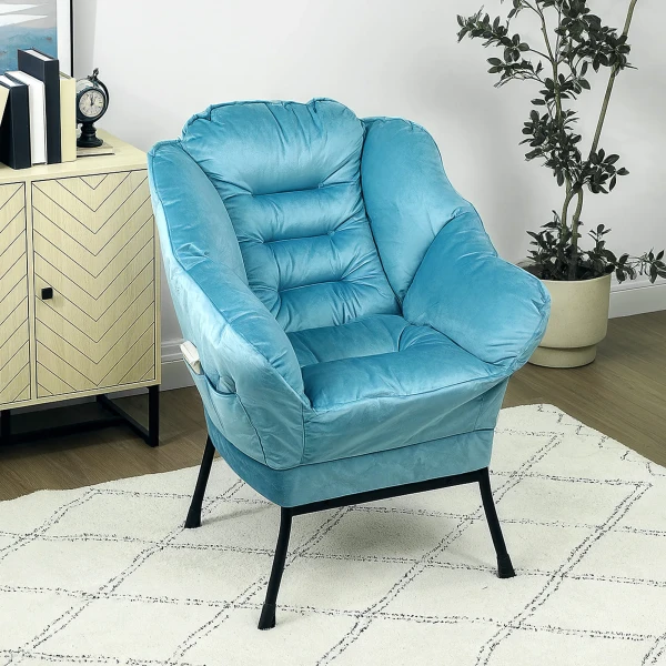 Fauteuil Woonkamer Loungestoel Gestoffeerde Relaxstoel Met Zijvak, Stalen Poten Gestoffeerde Stoel Met Fluweeluitstraling, Enkele Stoel Voor Slaapkamer, Blauw 2