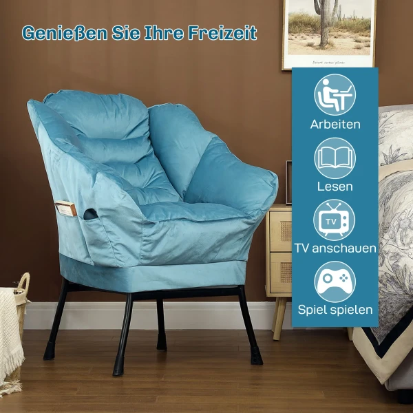 Fauteuil Woonkamer Loungestoel Gestoffeerde Relaxstoel Met Zijvak, Stalen Poten Gestoffeerde Stoel Met Fluweeluitstraling, Enkele Stoel Voor Slaapkamer, Blauw 8