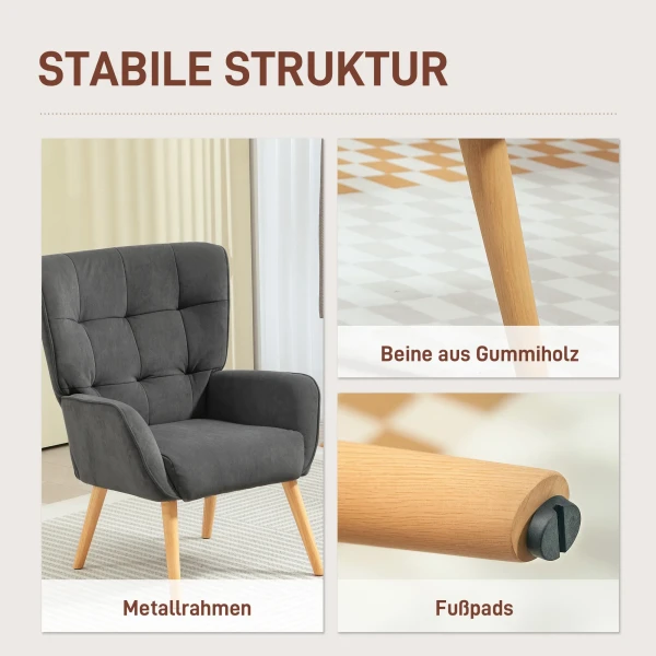 Fauteuil Woonkamer Loungestoel Relaxstoel Met Houten Poten Leesstoel Met Fluweelachtige Bekleding, Gestoffeerde Stoel Voor Slaapkamer Grijs 7