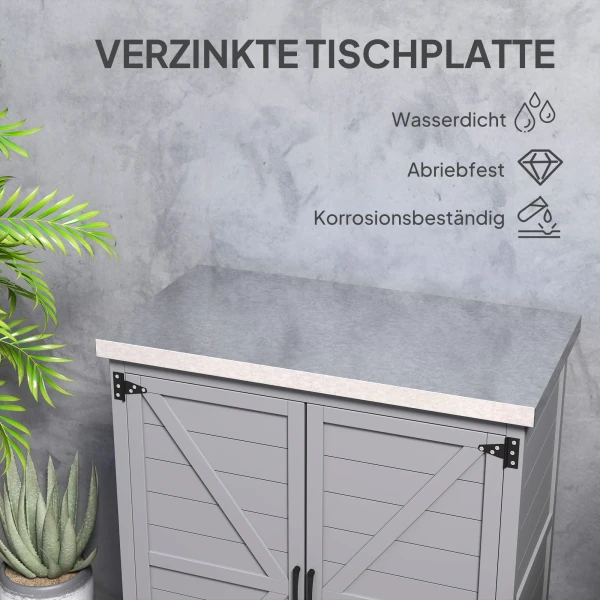 Gartenschrank Holz Outdoor Wetterfest Geräteschuppen Mit Arbeitsplatte, Doppeltür, Einlegeboden, Geräteschrank Aufbewahrungsschrank Mehrzweckschrank Für Garten, Terrrasse 79 X 43 X 92 Cm Grau 6