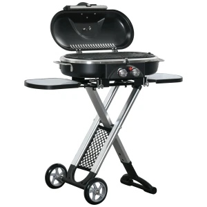 Gasgrill Bbq Grillwagen Inklapbaar Met 2 Branders En Grillnet, Roestvrij Staal Zwart Zilver, Zijtafel Met Wielen, 2,34 Kw, 100x41,6x82,5cm 1