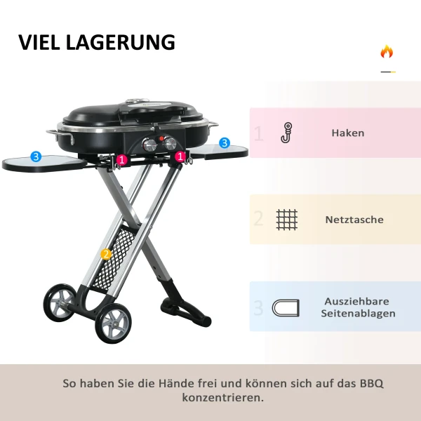 Gasgrill Bbq Grillwagen Inklapbaar Met 2 Branders En Grillnet, Roestvrij Staal Zwart Zilver, Zijtafel Met Wielen, 2,34 Kw, 100x41,6x82,5cm 7