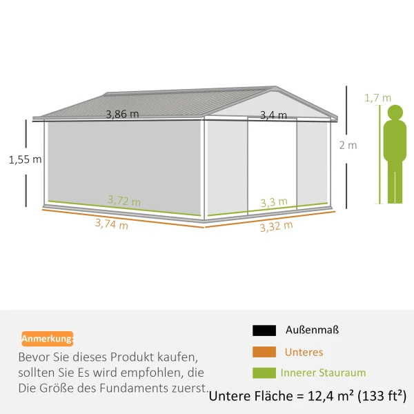 Gereedschapshuis 12,4 M², Tuinhuis Met Lessenaarsdak, Schuifdeur, Fundering, 340 X 386 X 200 Cm, Gereedschapsschuur Van Verzinkt Staal, Weerbestendig, Voor Tuin, Donkergroen 4