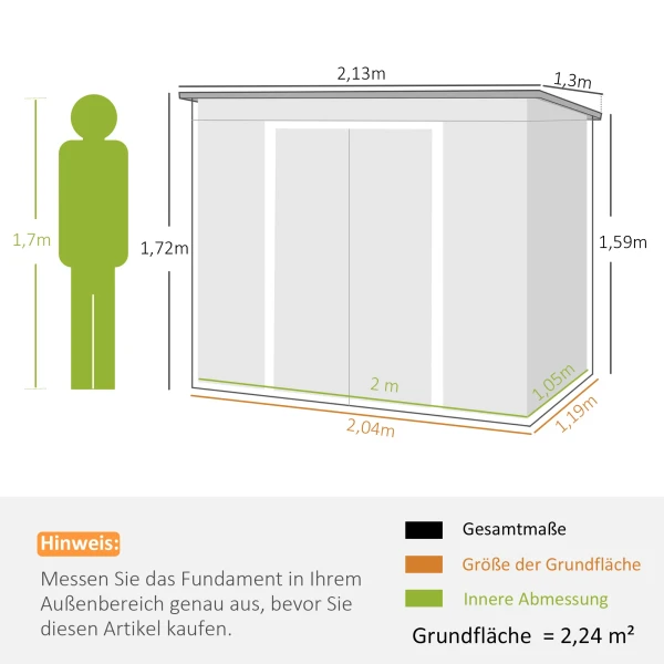 Gereedschapshuis 2,42 M², Tuinhuis Met Ventilatieraam, Schuifdeur, Fundering, 213 X 130 X 159/172 Cm, Gereedschapsschuur Van Gegalvaniseerd Staal, Weerbestendig, Voor Tuin, Groen 4