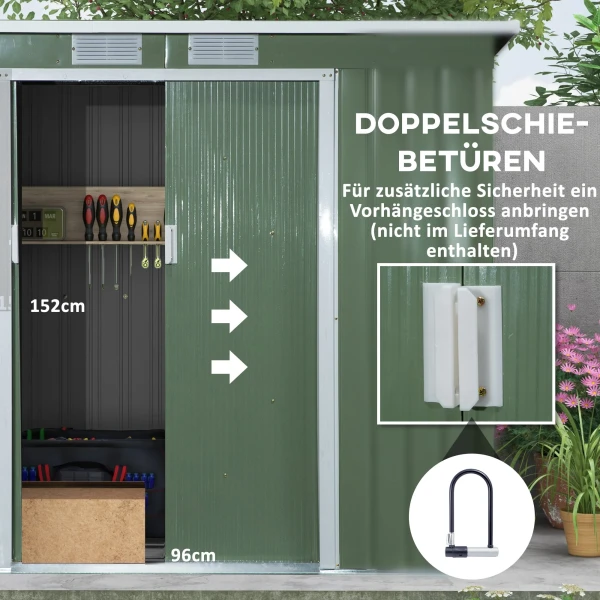 Gereedschapshuis 2,42 M², Tuinhuis Met Ventilatieraam, Schuifdeur, Fundering, 213 X 130 X 159/172 Cm, Gereedschapsschuur Van Gegalvaniseerd Staal, Weerbestendig, Voor Tuin, Groen 6