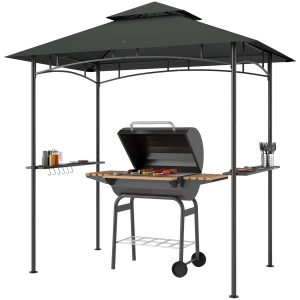 Grillpaviljoen Met Led 240 X 150 X 258 Cm Waterafstotend Vlamvertragend Tuinpaviljoen Met Dubbel Laagdak, Zijplanken, Tuinbogen Met Uv Bescherming, Bbq Paviljoen Voor Feest Bbq Donkergrijs 1