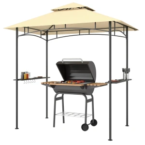 Grillpaviljoen Met Led 240 X 150 X 258 Cm Waterafstotend Vlamvertragend Tuinpaviljoen Met Dubbellaags Dak, Zijplanken, Tuinbogen Met Uv Bescherming, Bbq Paviljoen Voor Feest Bbq Beige 1