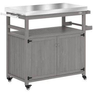 Grillwagen 3 Lagen Serveerwagen Met Werkblad Handdoekenrek, Bbq Grilltafel Van Hout, Grill Bijzettafel, Outdoor Trolley, Houtskoolgrill Voor Tuin, Terras 109x50x92,5cm Grijs 1