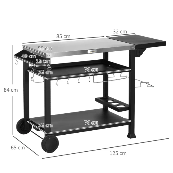 Grillwagen Grilltafel Met Inklapbare Bijzettafel 3 Lagen 6 Haken Rollen Wijnrek Tafelblad Voor Tuin & Terras 4