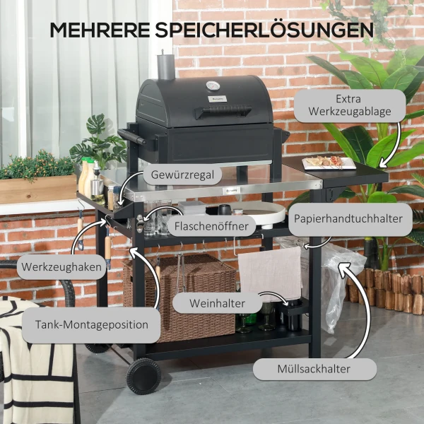 Grillwagen Grilltafel Met Inklapbare Bijzettafel 3 Lagen 6 Haken Rollen Wijnrek Tafelblad Voor Tuin & Terras 7