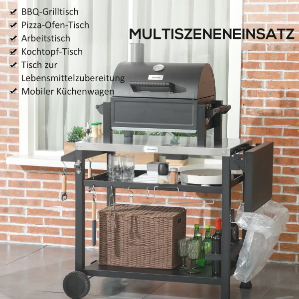 Grillwagen Grilltafel Met Inklapbare Bijzettafel 3 Lagen 6 Haken Rollen Wijnrek Tafelblad Voor Tuin & Terras 9