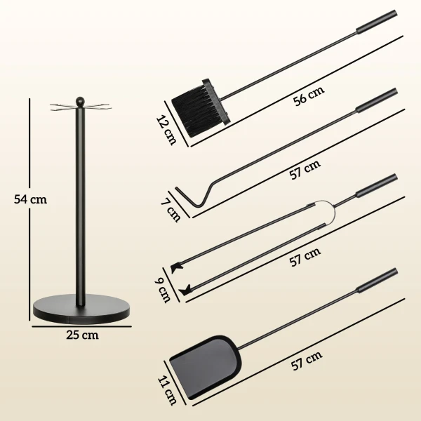 Haardgereedschapset 5 Delig Haardaccessoires Met Schop, Bezem, Tang, Pook En Stand, Haardset, Metaal, Zwart 4