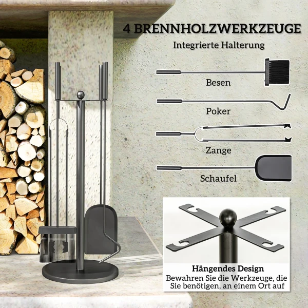 Haardgereedschapset 5 Delig Haardaccessoires Met Schop, Bezem, Tang, Pook En Stand, Haardset, Metaal, Zwart 5