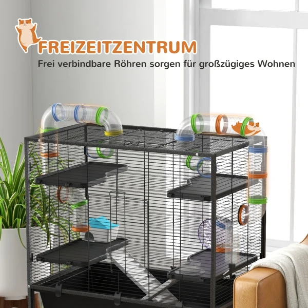 Hamsterkooi Knaagdierkooi Met Wielen, Buizen, Opbergruimte, Hellingen, Loopwiel, Voerbak, Waterfles, Cavia Kooi Voor Gerbils, Syrische Hamsters, Zwart 5