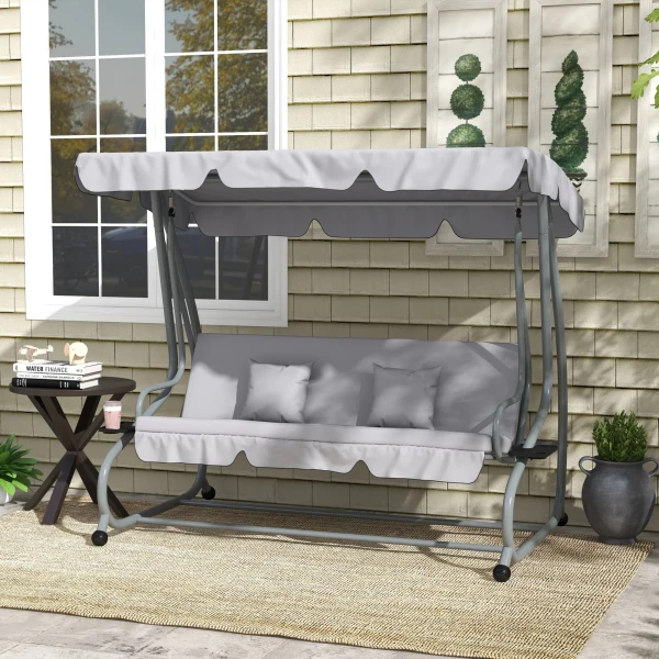 Hollywoodschommel 3 Zitter, Belasting 340kg, Met Ligfunctie, Verstelbaar Dak, Inklapbare Bijzettafel, 200x120x164 Cm, Lichtgrijs 2