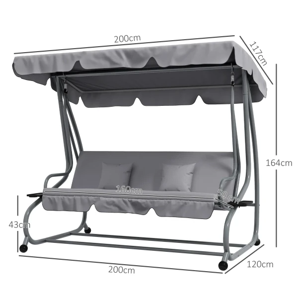 Hollywoodschommel 3 Zitter, Belasting 340kg, Met Ligfunctie, Verstelbaar Dak, Inklapbare Bijzettafel, 200x120x164 Cm, Lichtgrijs 4