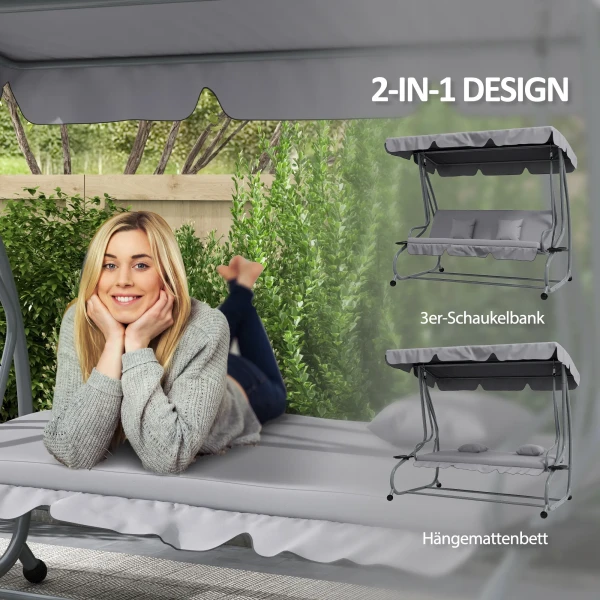 Hollywoodschommel 3 Zitter, Belasting 340kg, Met Ligfunctie, Verstelbaar Dak, Inklapbare Bijzettafel, 200x120x164 Cm, Lichtgrijs 5