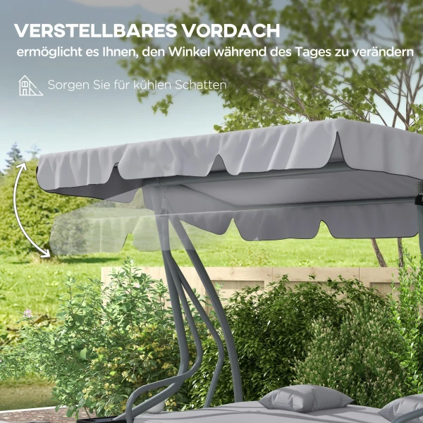 Hollywoodschommel 3 Zitter, Belasting 340kg, Met Ligfunctie, Verstelbaar Dak, Inklapbare Bijzettafel, 200x120x164 Cm, Lichtgrijs 6