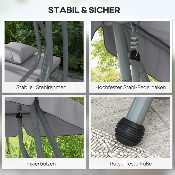 Hollywoodschommel 3 Zitter, Belasting 340kg, Met Ligfunctie, Verstelbaar Dak, Inklapbare Bijzettafel, 200x120x164 Cm, Lichtgrijs 7