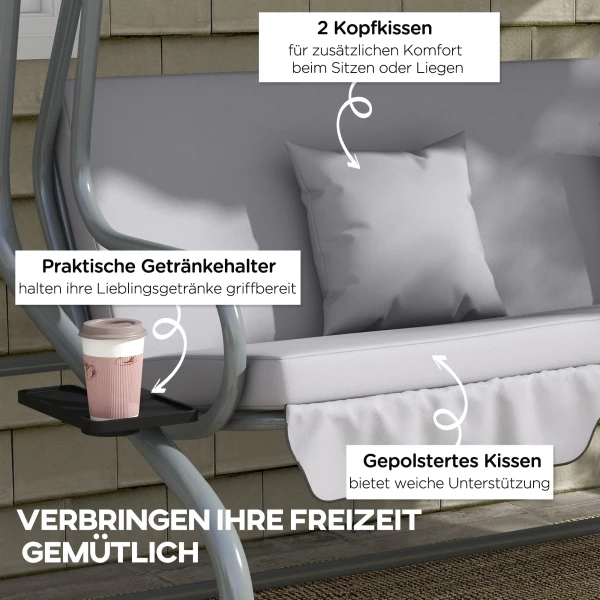Hollywoodschommel 3 Zitter, Belasting 340kg, Met Ligfunctie, Verstelbaar Dak, Inklapbare Bijzettafel, 200x120x164 Cm, Lichtgrijs 8