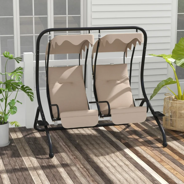 Hollywoodschommel Met Bekerhouder En Zitkussen, 2 Zits Tuinschommel Met Zonnedak, Schommelbank Belastbaar Tot 220 Kg, Tuinligstoel Voor Tuin, Terras, 170 X 136 X 170 Cm, Beige 2