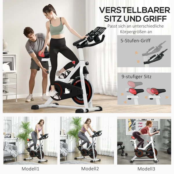 Hometrainer Fiets Indoor Fitnessfiets Met Lcd Display, Verstelbare Zitting, Wielen & Bekerhouder, Staal, Wit 7