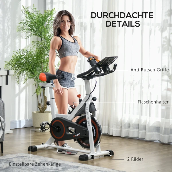 Hometrainer Fiets Indoor Fitnessfiets Met Lcd Display, Verstelbare Zitting, Wielen & Bekerhouder, Staal, Wit 9