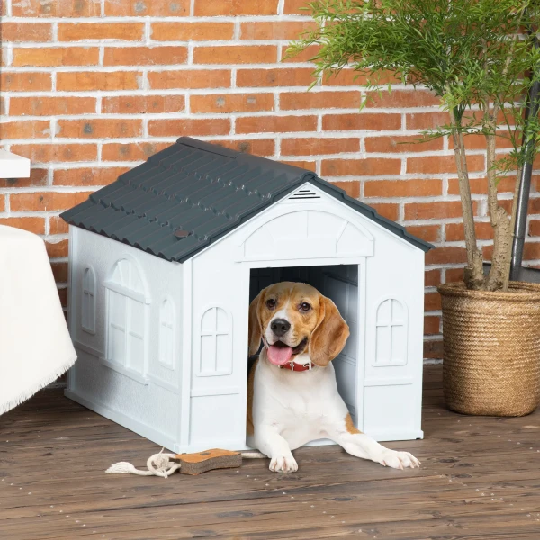 Hondenhok, Hondenhuis Met Zadeldak, Weerbestendig Klein Dierenhuis Voor Middelgrote Honden Onder 20 Kg, Hondenhok Outdoor, 65 X 75,7 X 63 Cm, Grijs 2