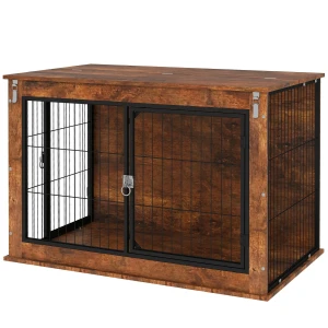 Hondenkooi Meubel, Hondenbox Met 2 Afsluitbare Deuren, Bijzettafel Voor Thuis, Hondenhuis Voor Grote Honden Onder 30 Kg, Staal, 98 X 60 X 65,5 Cm, Rustiek Bruin 1