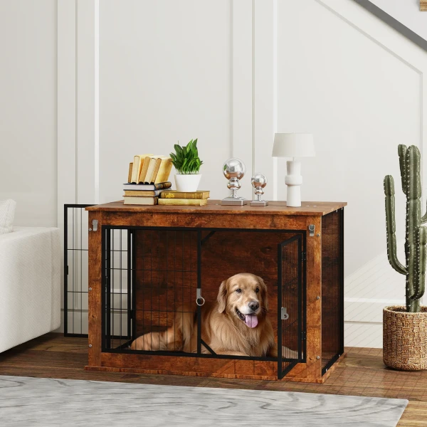 Hondenkooi Meubel, Hondenbox Met 2 Afsluitbare Deuren, Bijzettafel Voor Thuis, Hondenhuis Voor Grote Honden Onder 30 Kg, Staal, 98 X 60 X 65,5 Cm, Rustiek Bruin 2