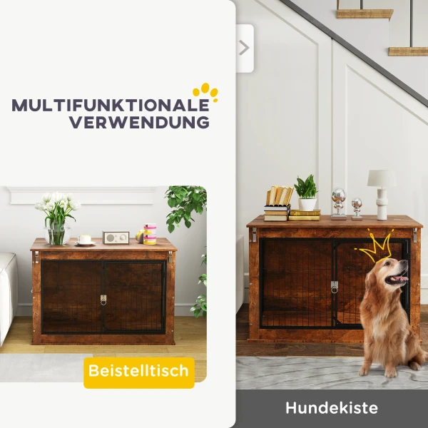 Hondenkooi Meubel, Hondenbox Met 2 Afsluitbare Deuren, Bijzettafel Voor Thuis, Hondenhuis Voor Grote Honden Onder 30 Kg, Staal, 98 X 60 X 65,5 Cm, Rustiek Bruin 5